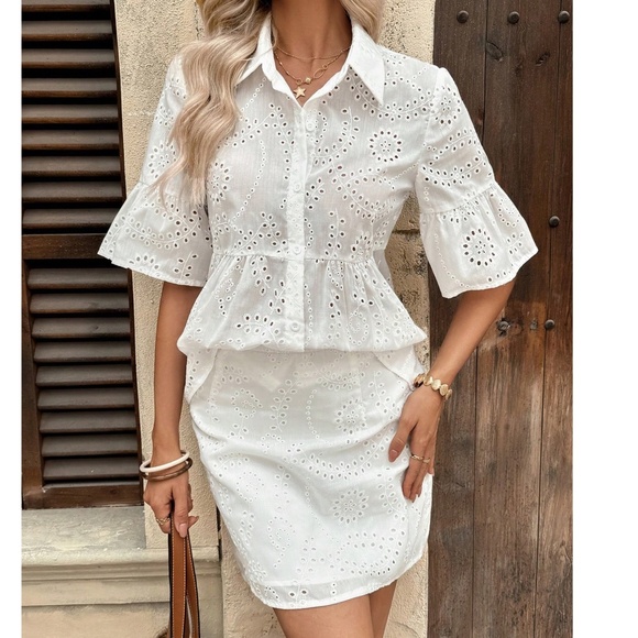 Boho White Floral Embroidered Eyelet Button down Shirt Mini Skirt Set - Picture 1 of 5